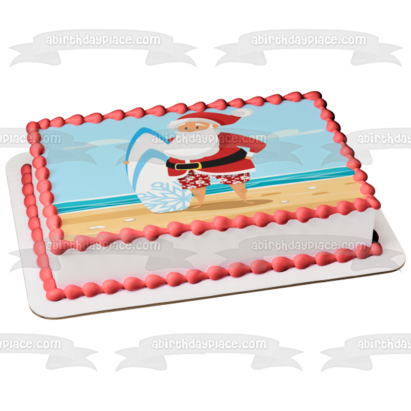 Merry Christmas Santa Claus at the Beach with a Boogie Board Edible Cake Topper Image ABPID53471