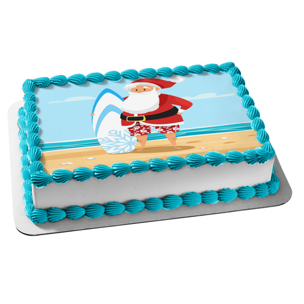 Merry Christmas Santa Claus at the Beach with a Boogie Board Edible Cake Topper Image ABPID53471