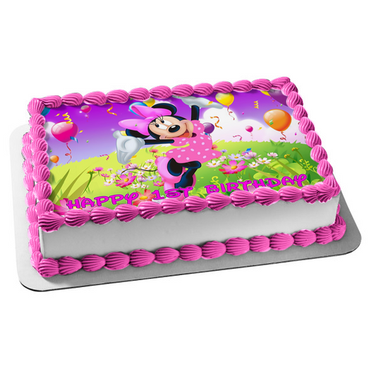 Minnie Mouse Balloons and a Field of Flowers Edible Cake Topper Image ABPID04275