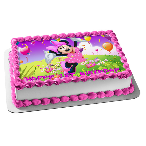 Minnie Mouse Balloons and a Field of Flowers Edible Cake Topper Image ABPID04275