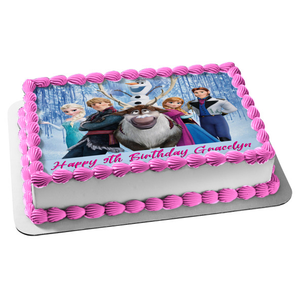 Frozen Anna Elsa Olaf Sven Kristoff Waterfall Background Edible Cake Topper Image ABPID04829