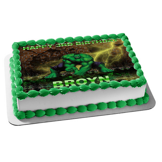 Imagen de decoración comestible para tarta de Los Vengadores, Hulk, enojado con un fondo de pared de ladrillo, ABPID07624 