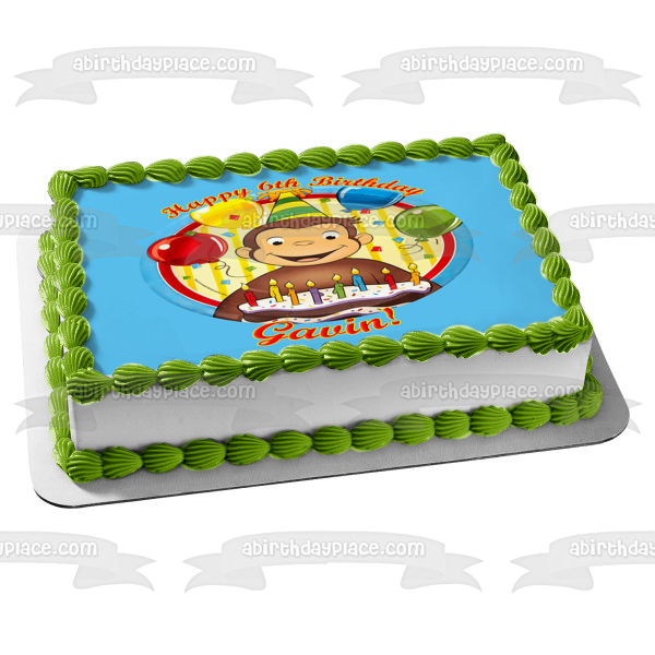 Curious George Happy Birthday Cake Party Hat and Balloons Edible Cake ...