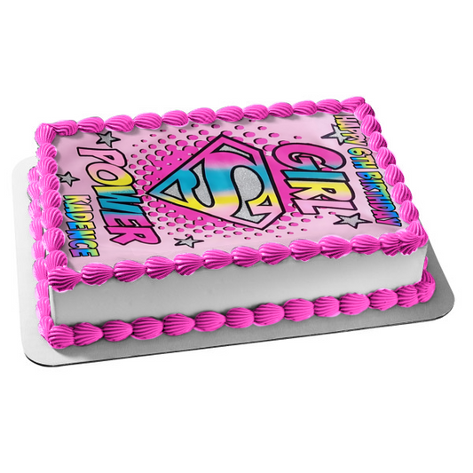 Super Girl Logo Girl Power Colorful Stars Pink Background Edible Cake Topper Image ABPID10190