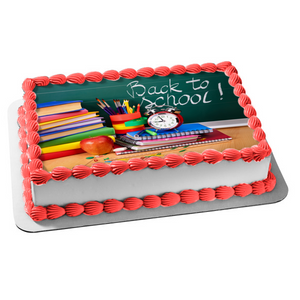 Back to School Chalkboard Books Clock Edible Cake Topper Image ABPID03990