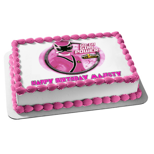 Power Rangers Samurai Pink Ranger Kimberly Go Go Girl Power Pink Background Edible Cake Topper Image ABPID21797