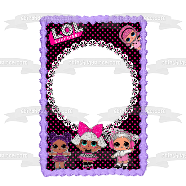 LOL Surprise Purple Queen Glitter Diva Beats Madame Queen Pink Polka Dot Background Edible Cake Topper Image Frame ABPID27166