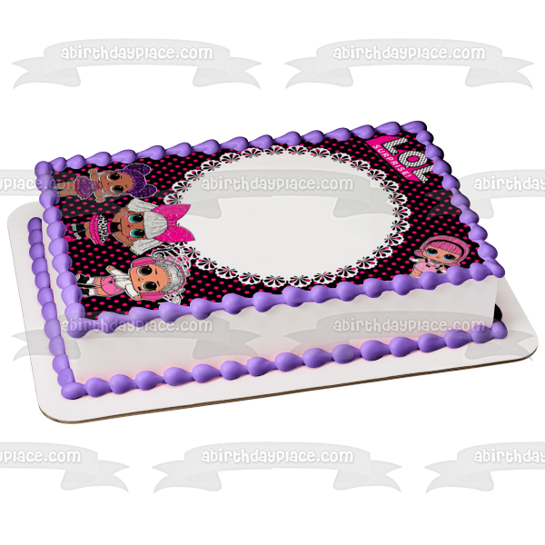 LOL Surprise Purple Queen Glitter Diva Beats Madame Queen Pink Polka Dot Background Edible Cake Topper Image Frame ABPID27166