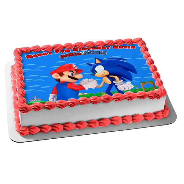 Super Mario Sonic the Hedgehog Shaking Hands Edible Cake Topper Image ABPID27464