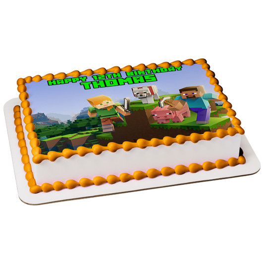 Minecraft Alex Steve Wolf Pig Forest Biome Customizeable Edible Cake Topper Image ABPID50807
