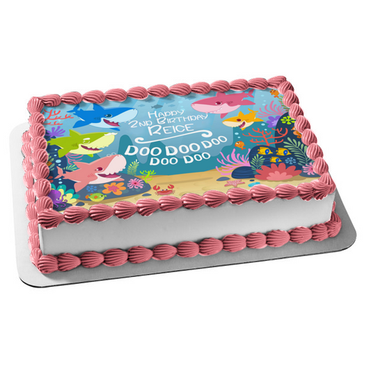 Baby Shark Ocean Happy Birthday Daddy Shark Mommy Shark Grandma Shark Grandpa Shark Doo Doo Doo Doo Doo Edible Cake Topper Image ABPID50900