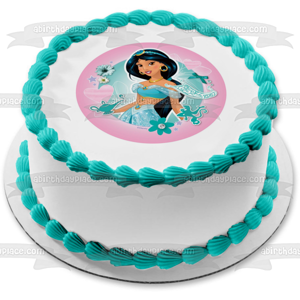 Disney Princess Jasmine Aladdin Flowers Hearts Pink Background Edible Cake Topper Image ABPID21893