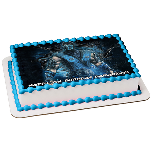 Mortal Kombat Sub-Zero Blue Brick Background Edible Cake Topper Image ABPID27592
