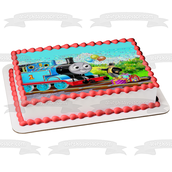 Thomas and Friends Thomas the Tank Engine Happy Birthday Balloons Presents and Confetti Edible Cake Topper Image ABPID06611