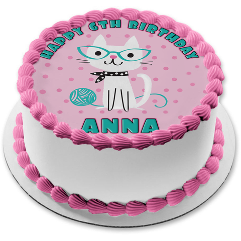 Cute Purrfect Cat Pink and Teal Polka Dots Kitty Happy Birthday Edible Cake Topper Image ABPID50264