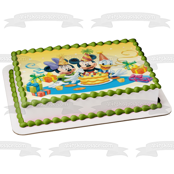 Mickey Mouse Minnie Mouse Donald Duck Birthday Cake and Presents Edible Cake Topper Image ABPID04085