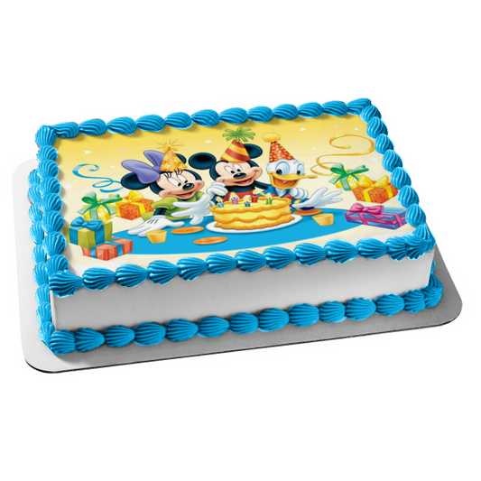 Mickey Mouse Minnie Mouse Pato Donald Pastel de cumpleaños y regalos Adorno comestible para pastel Imagen ABPID04085 