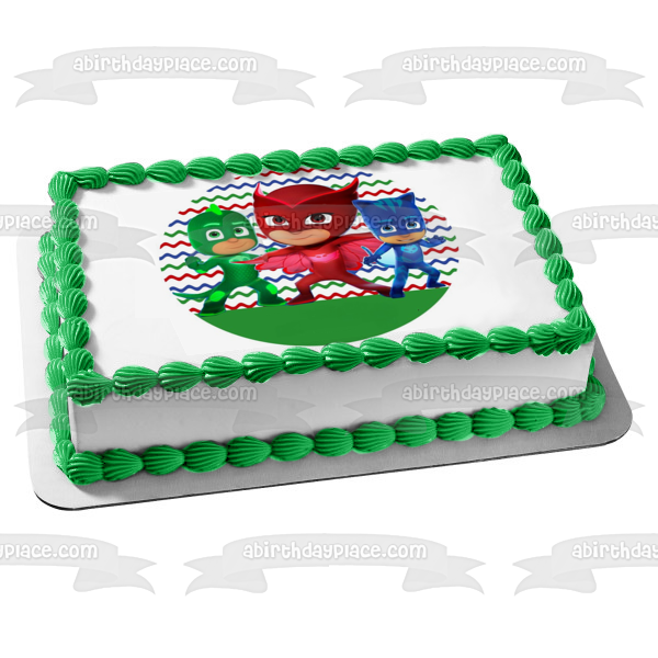 Pj Masks Cat Boy Gekko and Owlette Red Blue Green Background Edible Cake Topper Image ABPID04187