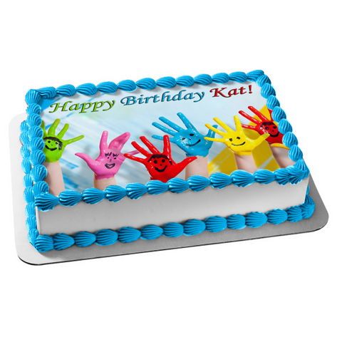 Happy Birthday Hands Customizable Paint Smiley Face Edible Cake Topper Image ABPID53539