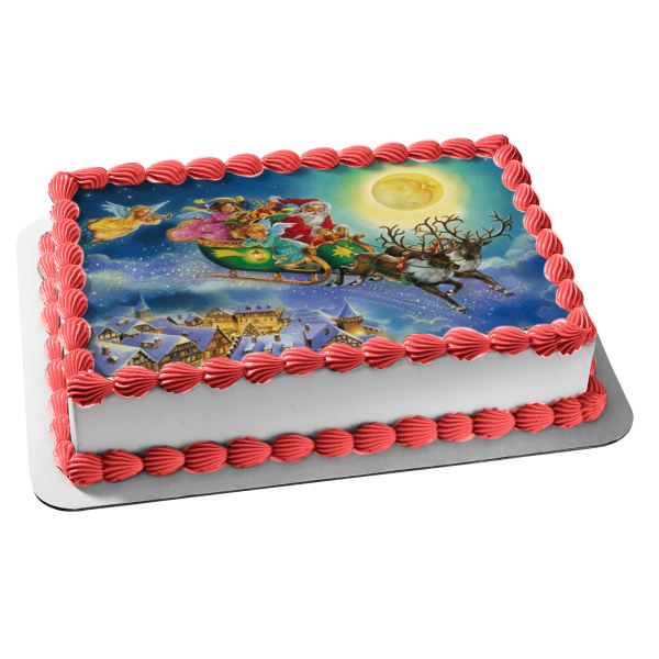Christmas Santa's Sleigh Reindeer Angels and the Moon Edible Cake Topper Image ABPID04232