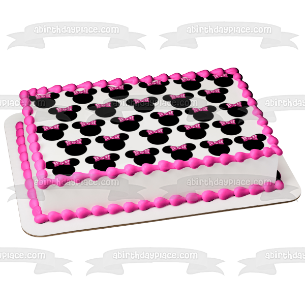 Minnie Mouse Heads Pink Polka Dot Bow Tile Background Edible Cake Topper Image ABPID04244