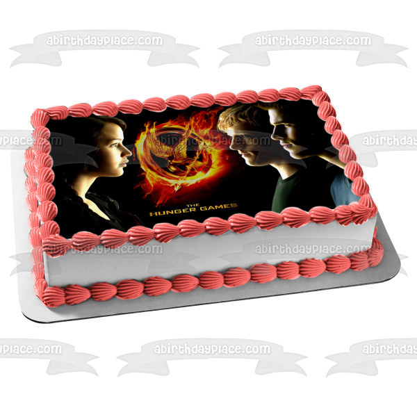 The Hunger Games Catching Fire Flaming Mocking Jay Katniss Everdeen Peeta Mellark and Gale Hawthorne Edible Cake Topper Image ABPID04248