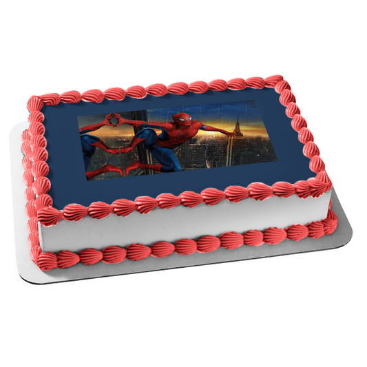 Spider-Man Night Sky Rain and a Building Edible Cake Topper Image ABPID04285