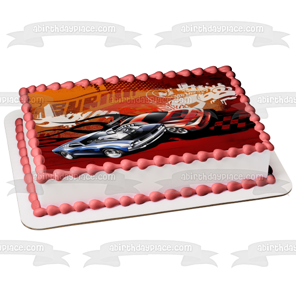 Hot Wheels Burnin Two Race Cars Edible Cake Topper Image ABPID04301 A