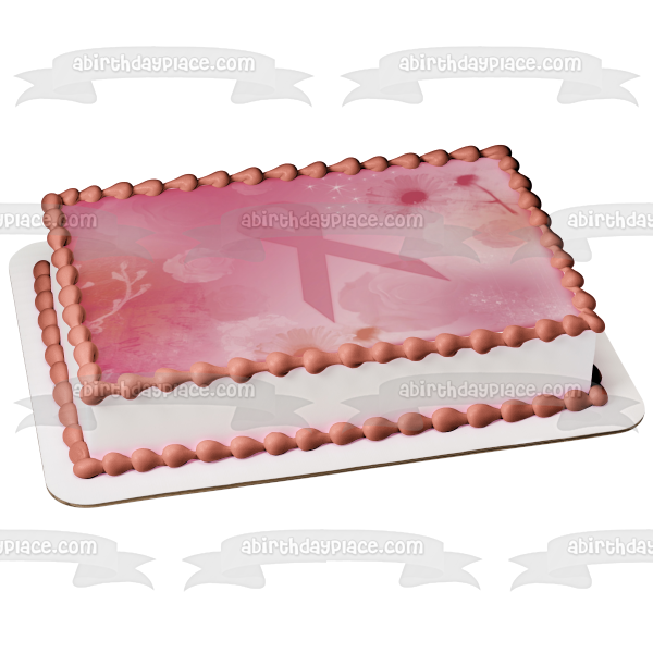 Pink Ribbon Pink Background Gerber Daisies Roses Breast Cancer Awareness Edible Cake Topper Image ABPID04485