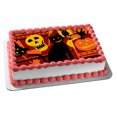 Halloween Black Cat Jack-O-Lantern Skull and Owl Edible Cake Topper Image ABPID04519