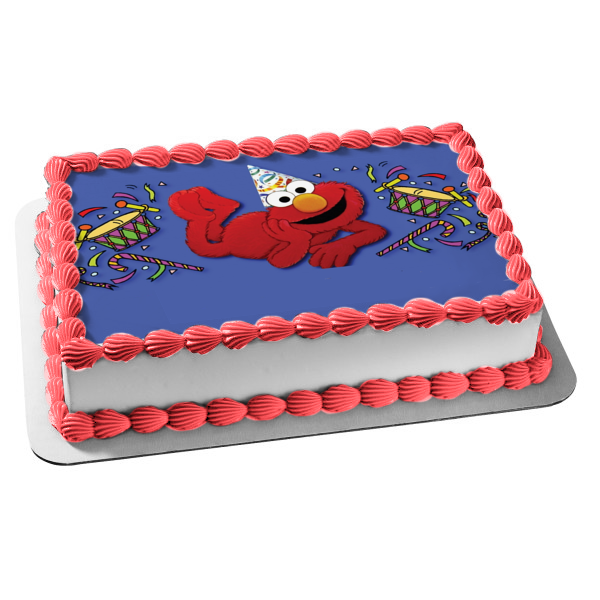 Sesame Street Elmo Party Hat Drums Edible Cake Topper Image ABPID04556