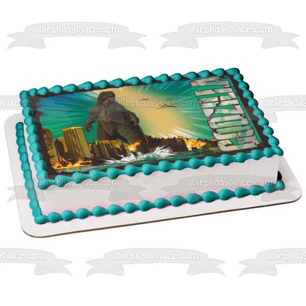 Godzilla Jets Buildings Fire and Water Edible Cake Topper Image ABPID04637
