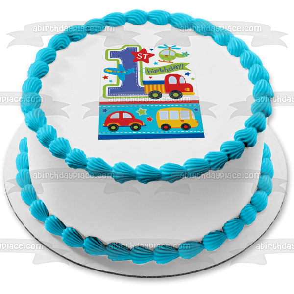 All Aboard Vehicles 1st Birthday Helicopter Truck and a Car Edible Cake Topper Image ABPID04638