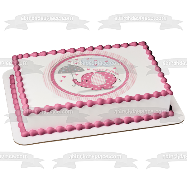 Pink Elephant Umbrella Baby Shower Raining Hearts Edible Cake Topper Image ABPID04689