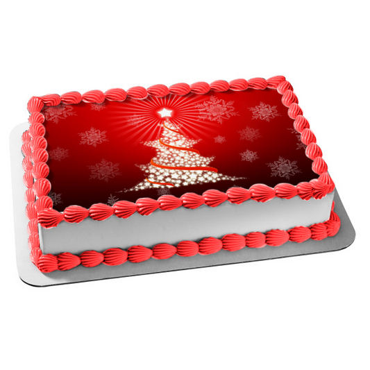 Merry Christmas White Star Tree Snowflakes Red Background Edible Cake Topper Image ABPID04765