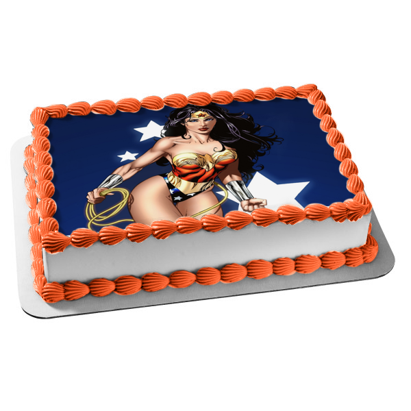 Wonder Woman DC Comics Blue Background White Stars Edible Cake Topper Image ABPID04837