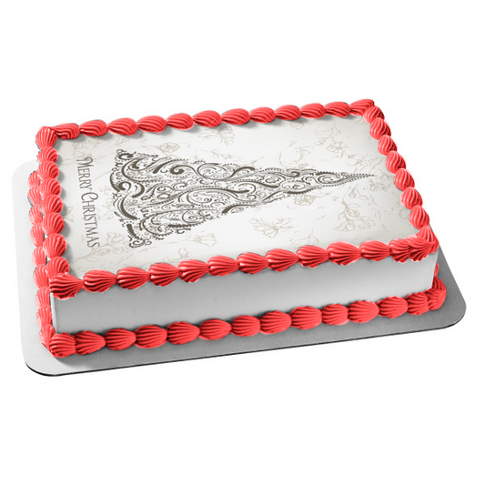 Feliz Navidad, árbol de Paisley, fondo, bocetos, rosas, adorno comestible para pastel, imagen ABPID04846 