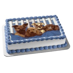 Dogs Puppies Breeds Blue Blanket White Fence Edible Cake Topper Image ABPID04855