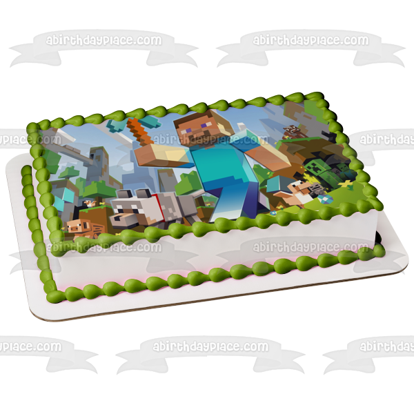 Minecraft Steve Diamond Pickaxe Wolf and a Creeper Edible Cake Topper Image ABPID04862
