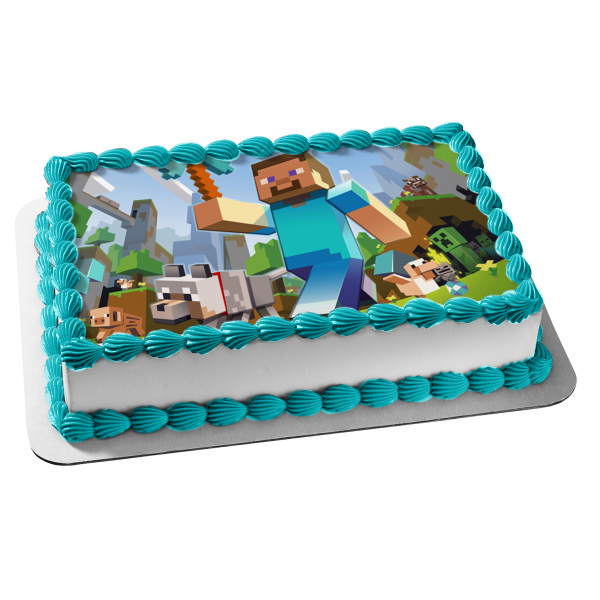 Minecraft Steve Diamond Pickaxe Wolf Creeper Edible Cake Topper Image ABPID04862