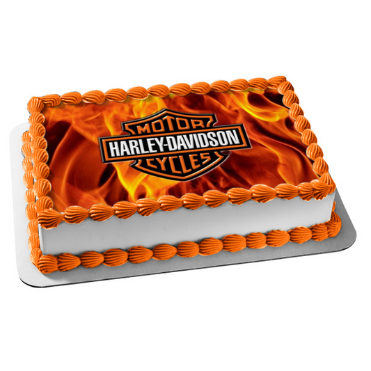 Harley-Davidson Motor Cycles Logo Flaming Background Edible Cake Topper Image ABPID04864