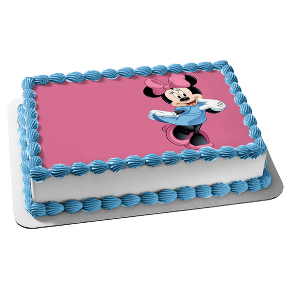 Disney Minnie Mouse Blue Dress Pink Background Edible Cake Topper Image ABPID04867