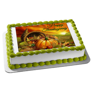 Harvest Happy Thanksgiving Pumpkin Grapes and Apples Edible Cake Topper Image ABPID05066