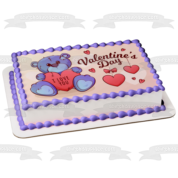 Happy Valentine's Day Stuffed Bear Hearts "I Love You" Edible Cake Topper Image ABPID53574