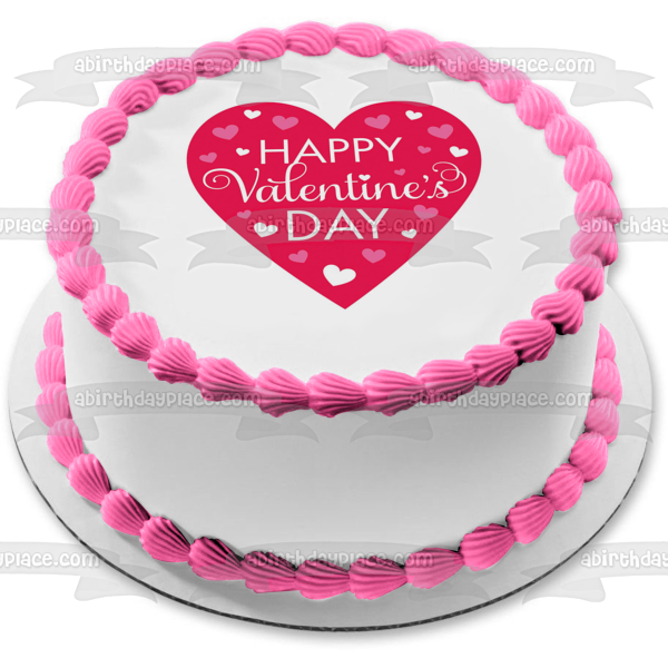 Happy Valentine's Day Pink Hearts Edible Cake Topper Image ABPID53576