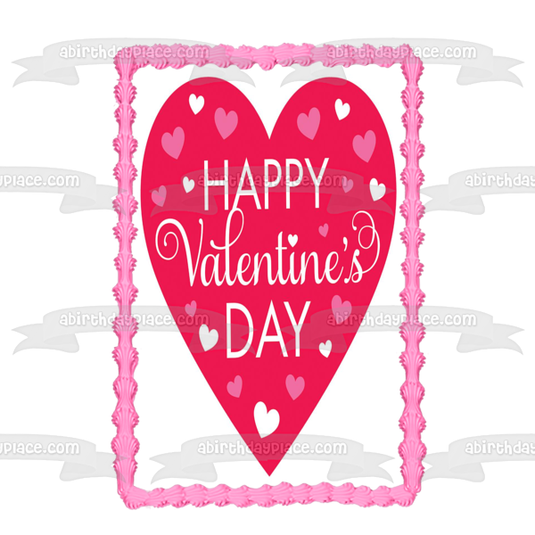 Happy Valentine's Day Pink Hearts Edible Cake Topper Image ABPID53576