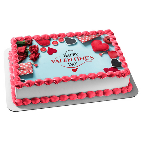 Happy Valentine's Day Red Roses Hearts Gift Boxes Edible Cake Topper Image ABPID53578