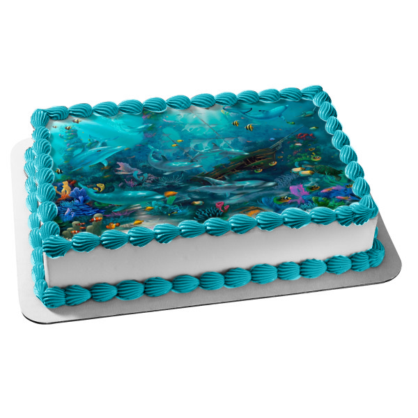 Under the Sea Dolphins Fish Shipwreck Edible Cake Topper Image ABPID05266