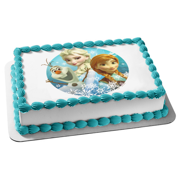 Frozen Anna Elsa Olaf and Snowflakes Edible Cake Topper Image