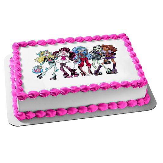 Monster High Clawdeen Wolf Lagoona Blue Cleo De Nile Draculaura and Frankie Steins Edible Cake Topper Image ABPID05427